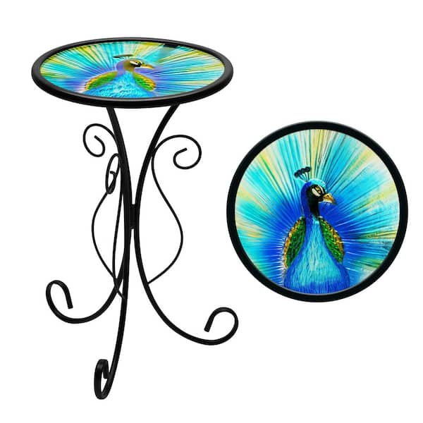 Everyday 12 in. Round Glass Peacock Pattern Outdoor Side Table