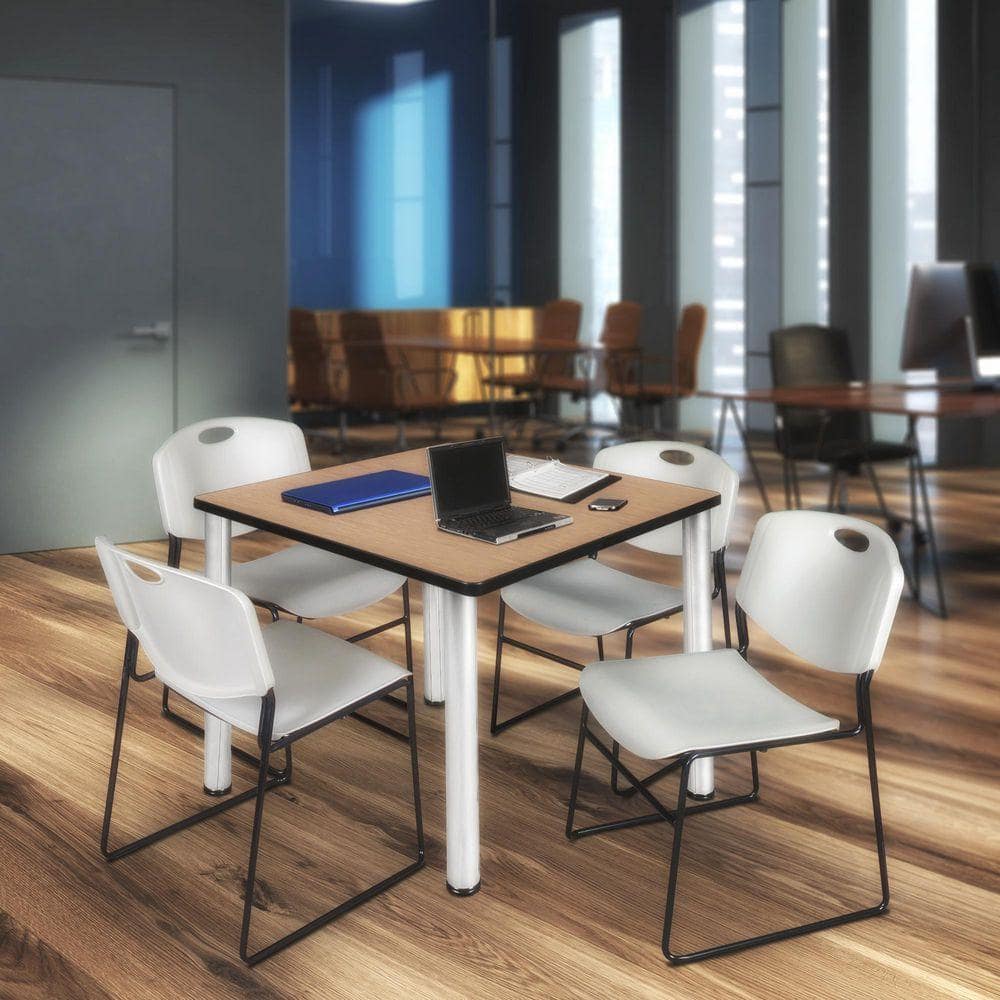 Kee 36 in. Noble Oak Square Breakroom Table Desk & 4 Zeng Stack Chairs-Grey