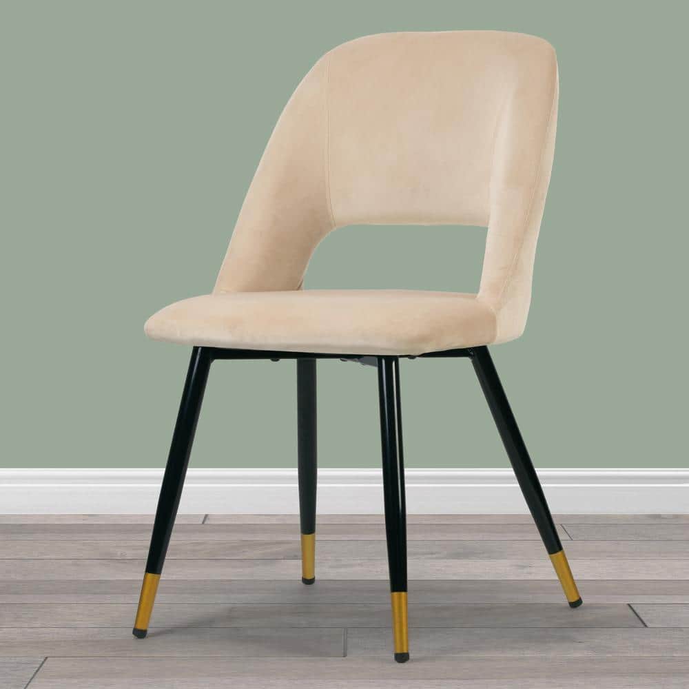 Beige Velvet Upholstered Side Chair with Black Metal Legs
