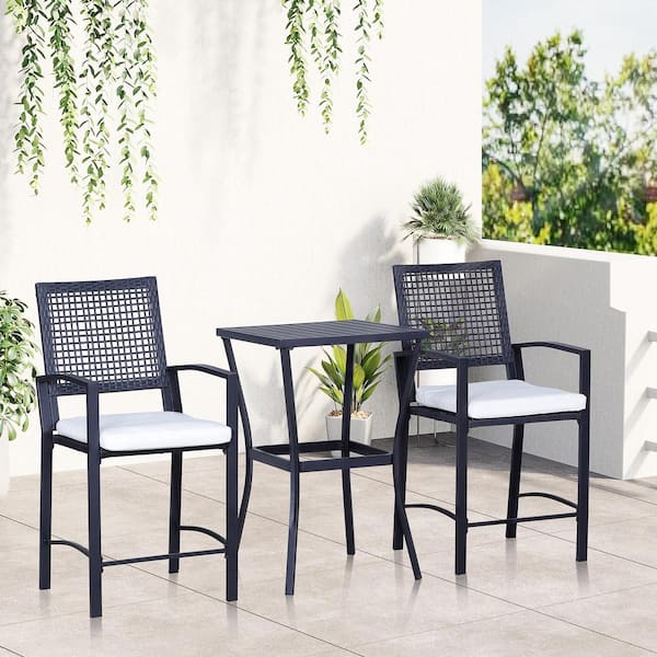 Sudzendf Black 3-Piece Metal Outdoor Bistro Set, Bar Set with White Cushion