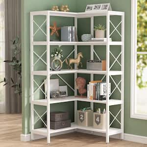 Eulas 66 in. White Wood 5 Shelf Corner Bookshelf, Large Modern Corner Bookcase, 5-Tier Tall Corner Shelf Storage