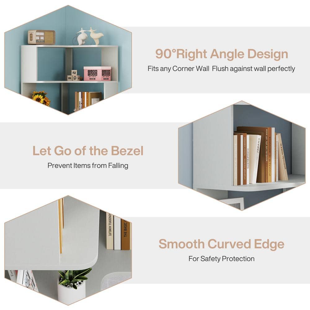 Silver Gray 65" Particle Board 6-Tier Corner Bookshelf with Anti-Drop Panel