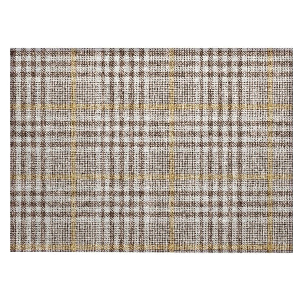 Brown Plaid Synthetic Washable Rectangular Area Rug 30" x 20"