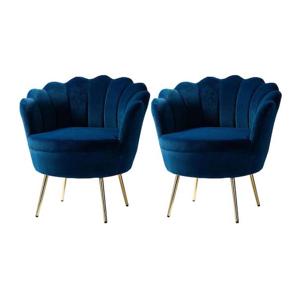 Fidelia Golden Legs Navy Tufted Barrel Chair with Scalloped Seashell Edges (Set of 2)