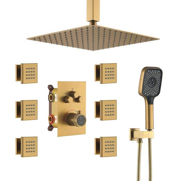 CASAINC 6-Spray Dual Shower Heads Ceiling Mount Fixed and Handheld Shower Head 2.5 GPM in Brushed Gold 12 in.Thermostatic