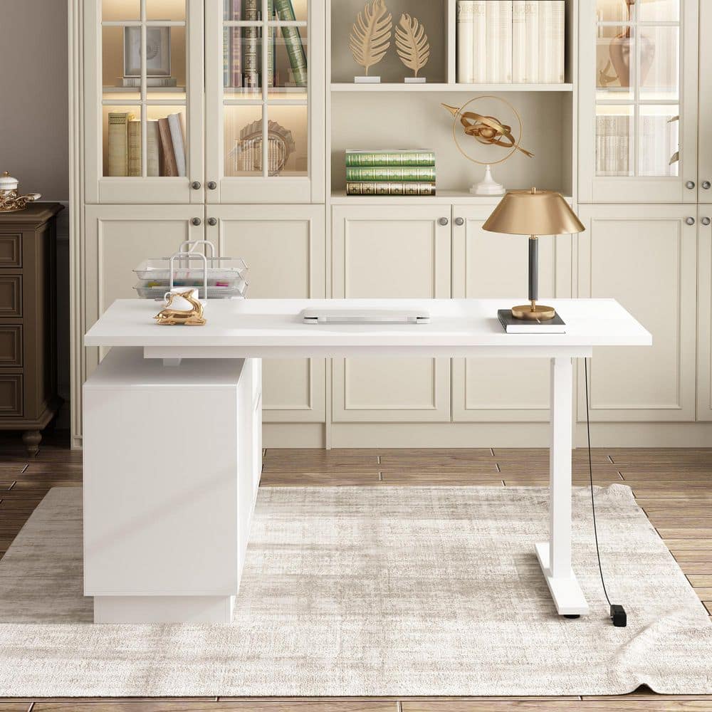 54.3 in. L-Shape White Wood 2-Drawer, 2 Cabinet Computer Desk with Electric Height Adjustment for Home Office price history on PriceWatchPro