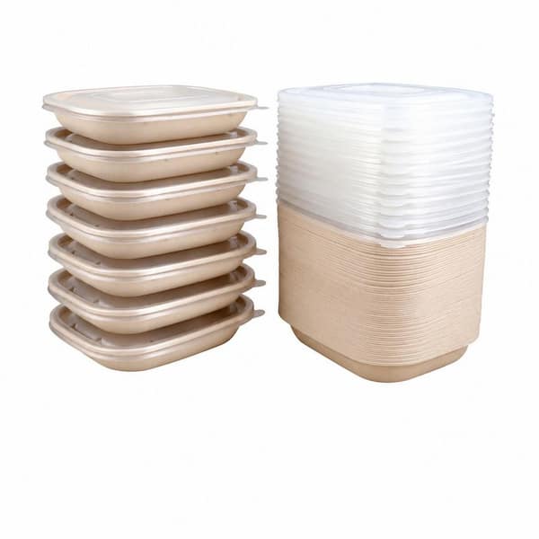 28 in. Brown Disposable Sugarcane Fiber Bowls Disposable Tableware Food Storage Bowl with Lids (50 Pack)