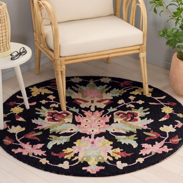 Jardin 3 ft. x 3 ft. Round Black/Pink Floral Crown Area Rug