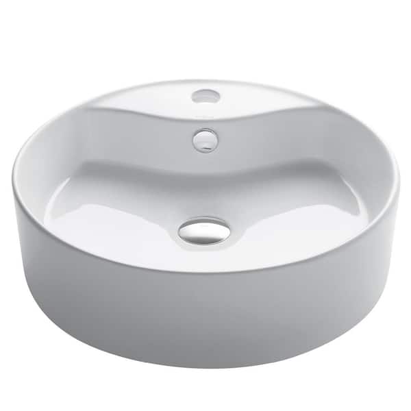 KRAUS Round Ceramic Vessel Bathroom Sink with Overflow in White