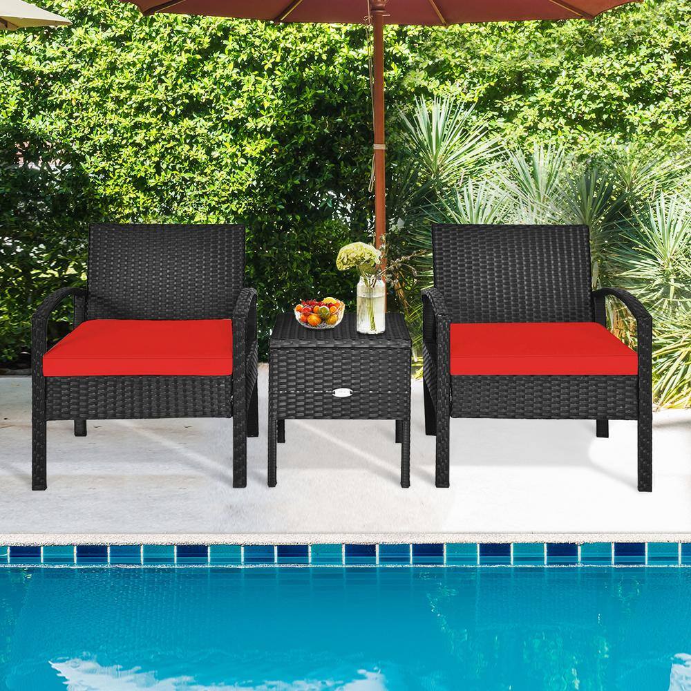 Red Cushioned Black Rattan 2-Person Patio Conversation Set