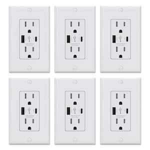 25-Watt 15 Amp Type A & C Dual USB Wall Charger with Duplex Tamper Resistant Outlet Wall Plate Included, White (6-Pack)