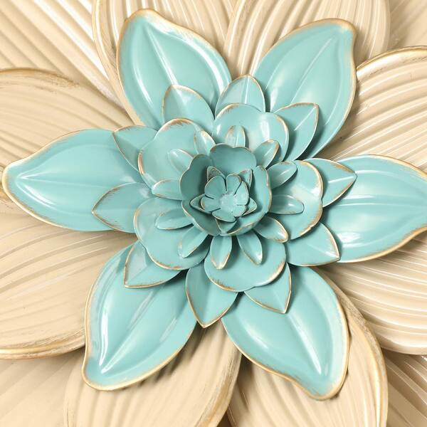 Luxen Home Gold and Teal Metal Flower Wall Decor 