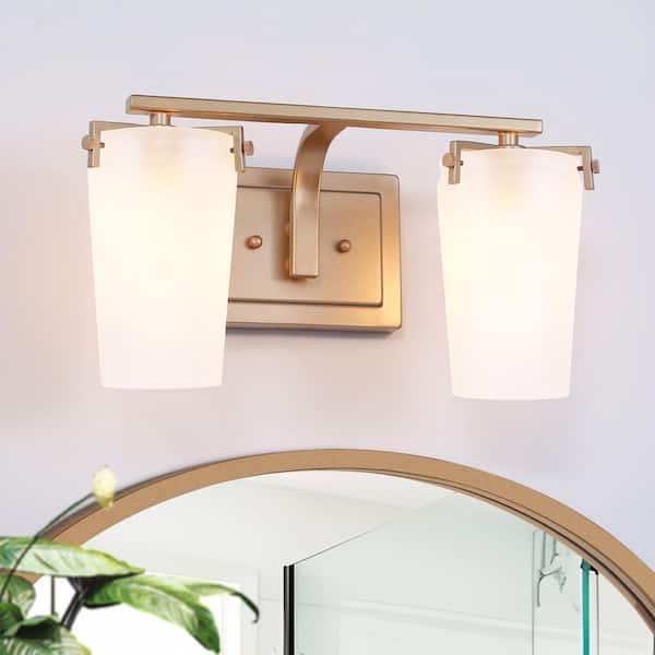 Uolfin 2-Light 14.2 in. Modern Gold Powder Room Vanity Light with Frosted Cylinder Glass Shades, Mid-century Wall Sconce