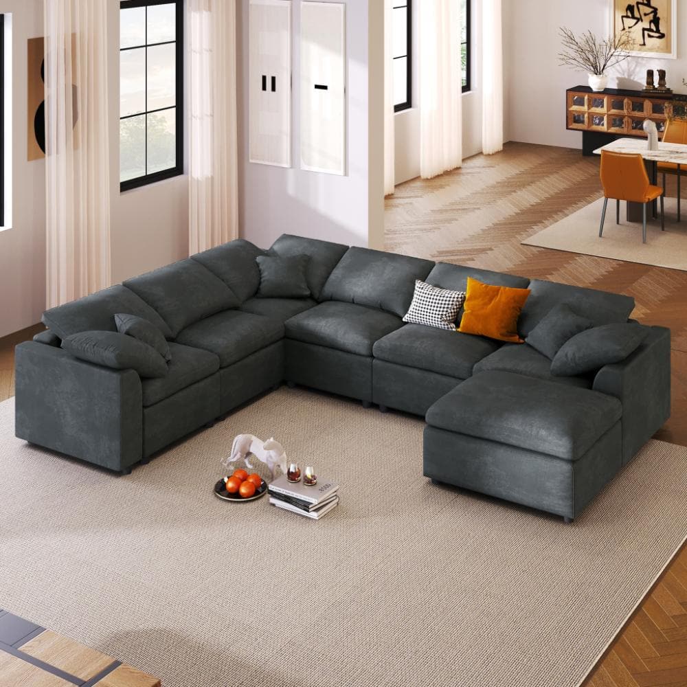 120.8 in. Gray Chenille 7-Seater Modular Sectional Sofa with L-Shape Design & Movable Ottoman for Living Room
