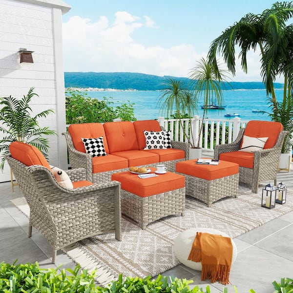 Tulip F Gray 5-Piece Wicker Patio Outdoor Conversation Sofa Set with Ottoman and Red Cushions