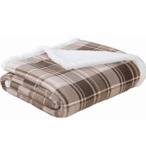 50 in. x 60 in. Brown Plaid Flannel Sherpa Throw Blanket (2-Pack)