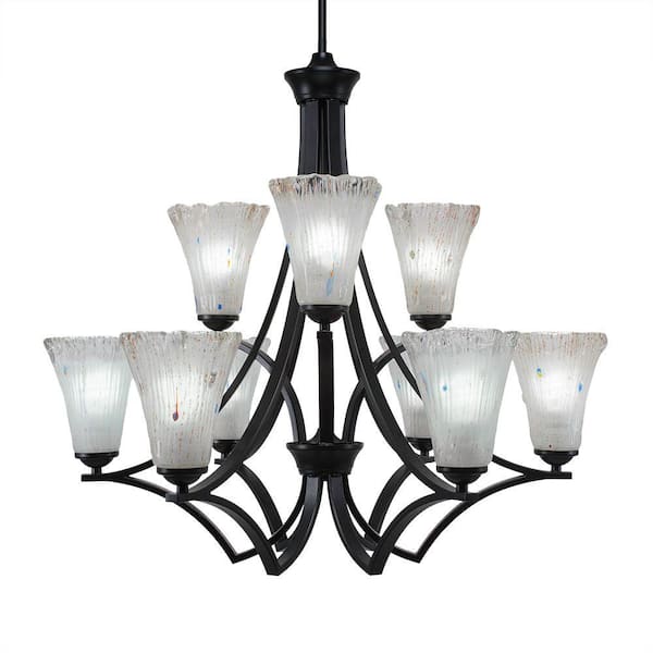 Unbranded Clevelend 9-Light Matte Black Chandelier, Round Chandelier with 5.5 in. Frosted Crystal Glass Shades, No bulbs included