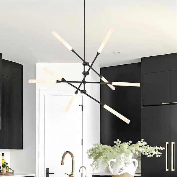 RRTYO Sumler 8-Light Integrated LED Satin Black Linear Sputnik Chandelier with Cylindrical Frosted Acrylic Shade