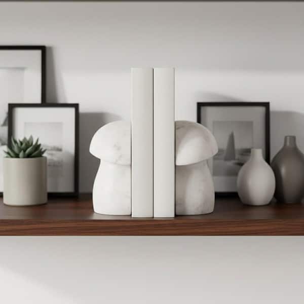 6 in. White Marble Boho Mushroom Bookends (Set of 2)