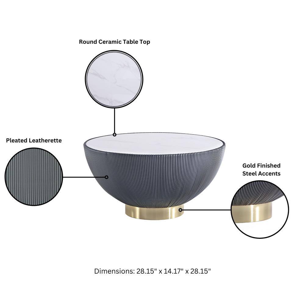 Gray Round Marble Coffee Table with Gold Base and Leatherette Pleating