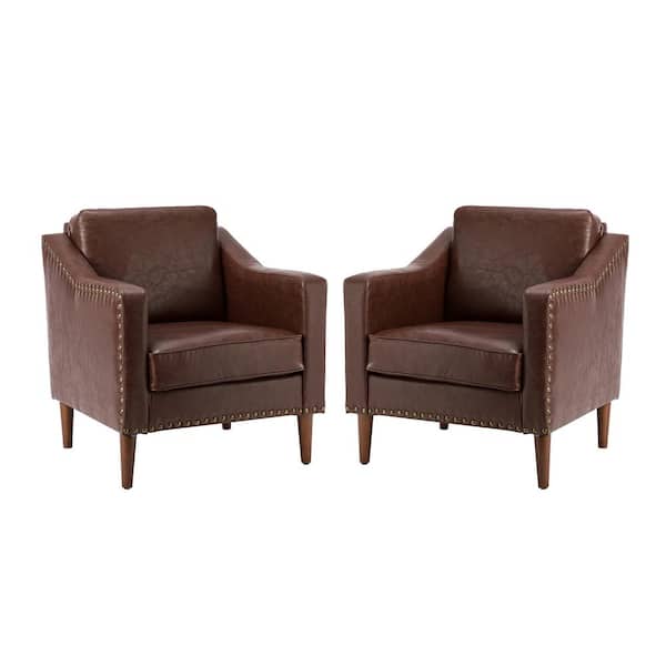 JAYDEN CREATION Celio 30 in. Brown Faux Leather Arm Chair with Solid Wooden Legs (Set of 2)