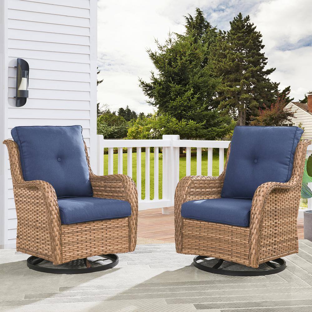 Yellow Wicker Outdoor Rocking Chair with Blue Cushions