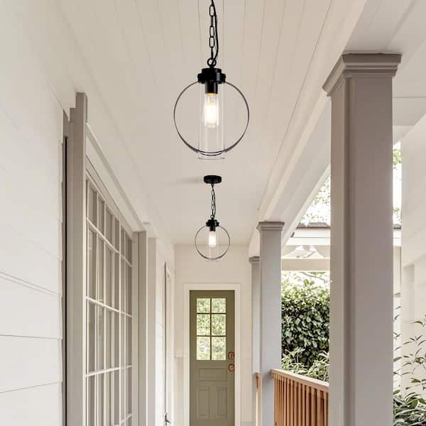 11 in. 1-Light Matte Black Outdoor Hanging Light Pendant Light with Clear Glass and Adjustable Chain