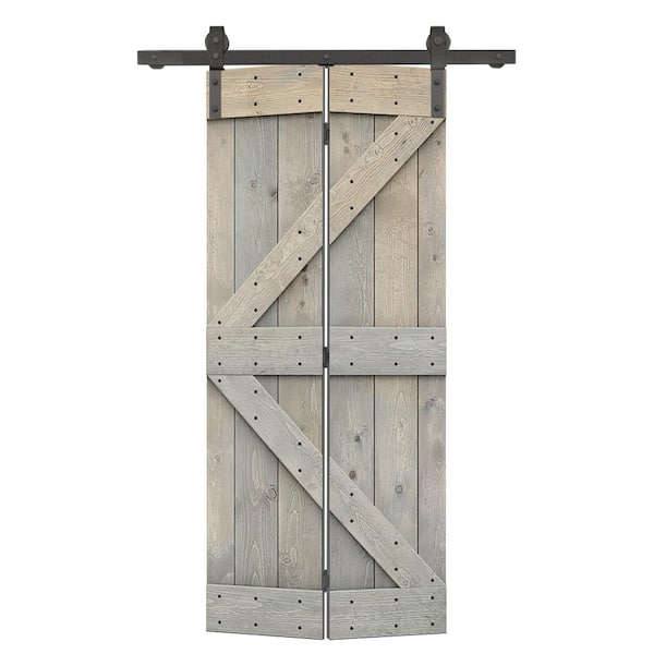 CALHOME 24 in. x 84 in. K Pre Assembled Solid Core Smoke Gray Stained Wood Bi-fold Barn Door with Sliding Hardware Kit