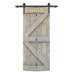 32 in. x 84 in. K Pre Assembled Solid Core Smoke Gray Stained Wood Bi-fold Barn Door with Sliding Hardware Kit