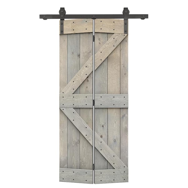 CALHOME 36 in. x 84 in. K Pre Assembled Solid Core Smoke Gray Stained Wood Bi-fold Barn Door with Sliding Hardware Kit