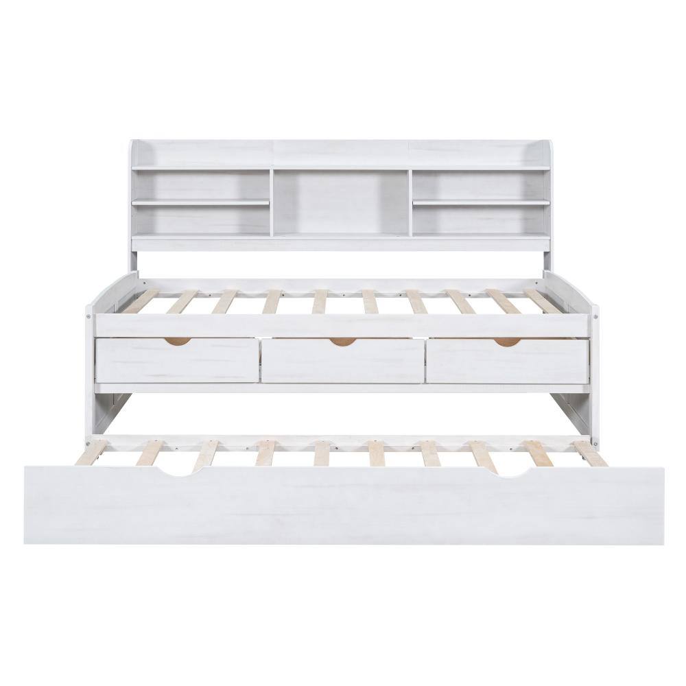 White Wood Frame Twin Platform Bed with Built-in Bookshelves, Storage Drawers and Trundle durable construction price history on PriceWatchPro