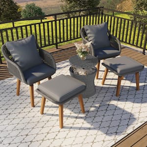 5-Piece Metal PP Rope Patio Conversation Set with Gray Cushions, Wicker Cool Bar Table, and Ottomans