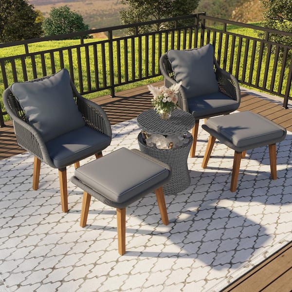 WELLFOR 5-Piece Metal PP Rope Patio Conversation Set with Gray Cushions, Wicker Cool Bar Table, and Ottomans