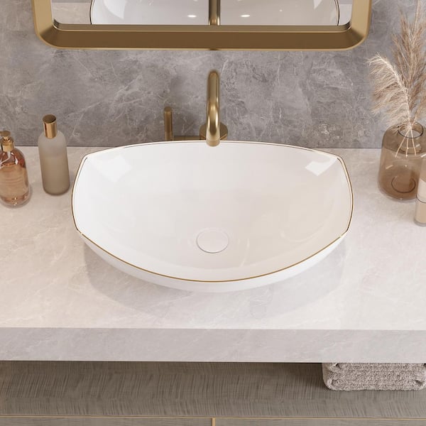 22.4 in. L x 15.75 in. W White Bathroom Irregular Ceramic Vessel Sink with Gold Rim Art Basin Not Included Faucet