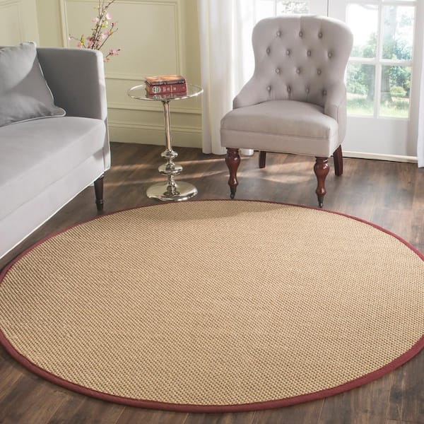 Natural Fiber Maize/Burgundy 6 ft. x 6 ft. Woven Border Round Area Rug