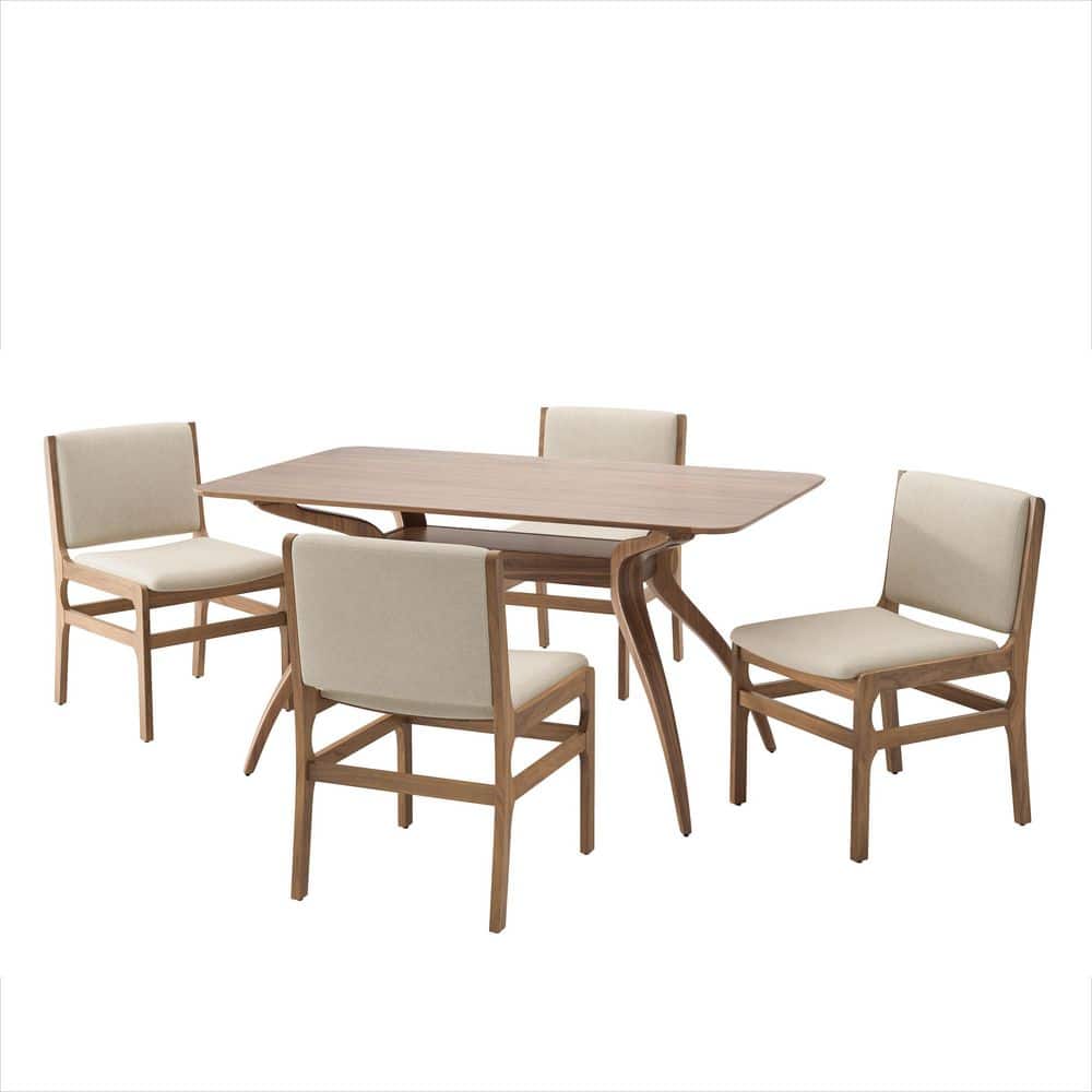 Moseley Mid-Century Modern 5-Piece Walnut and Wheat Dining Set with Fabric Upholstered Chairs, Solid Wood