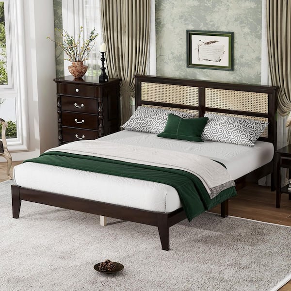Espresso Brown Wood Frame Queen Size Platform Bed with Rattan Headboard, Enhanced by Support Feet