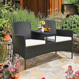Black Wicker Patio Conversation Set Outdoor Rattan Loveseat with Beige Cushions and Coffee Table