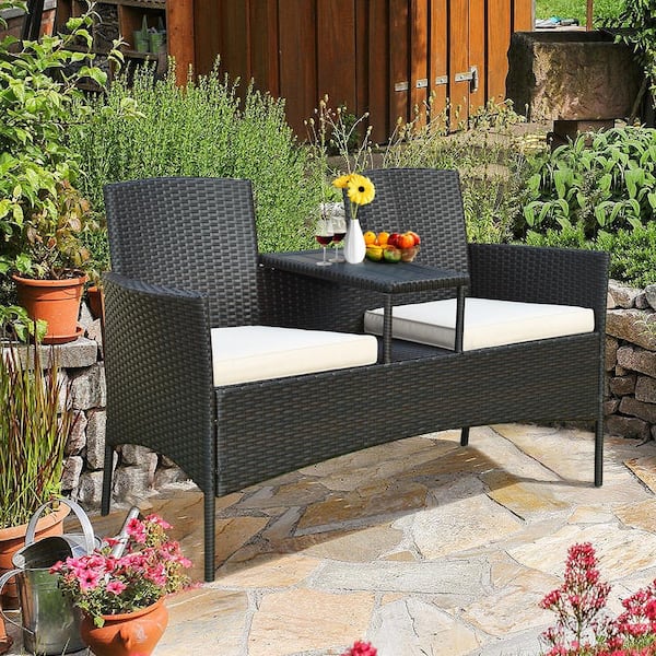 Black Wicker Patio Conversation Set Outdoor Rattan Loveseat with Beige Cushions and Coffee Table