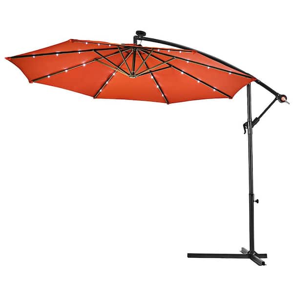 WELLFOR 10 ft. Steel Cantilever Solar Tilt Patio Umbrella with LED Lights and Cross Base in Orange