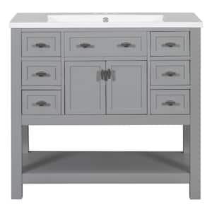36 in. W x 18 in. D x 34 in. H Single Sink Freestanding Bath Vanity in Gray w/White Resin Top and Soft Closing Doors