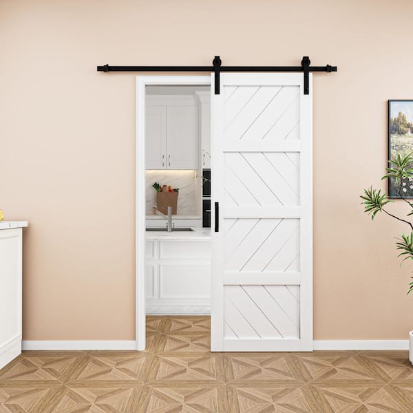 30 in. x 84 in. White 4 Lite Wave Pattern Finished MDF Sliding Barn Door with Hardware Kit and Soft Close