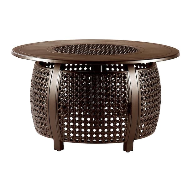 Oakland Living 44 in. x 44 in. Brown Round Aluminum Propane Fire Pit Table with Glass Beads, 2 Covers, Lid, 55,000 BTUs