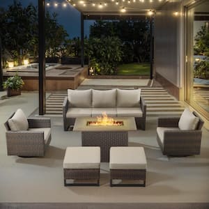 U-Weave 6-Piece Brown Wicker Outdoor Rectangular Fire Pit Conversation Set with Beige Cushions and Swivel Rocking Chairs