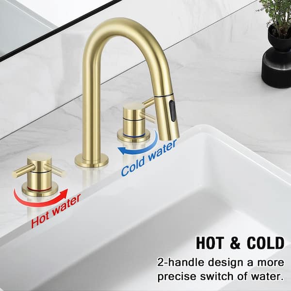 Double handle 8 in. Widespread Bathroom Faucet 3-Hole Bathroom Sink Faucet in Brushed Gold