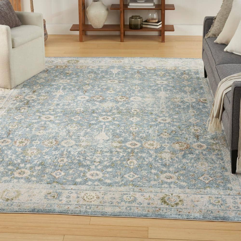 Astra Teal Beige Floral Synthetic Washable Rectangular Area Rug 6'7" x 9'