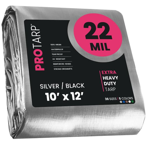 PROTARP 10 ft. x 12 ft. Silver/Black 22 Mil Heavy Duty Polyethylene Tarp, Waterproof, UV Resistant, Rip and Tear Proof