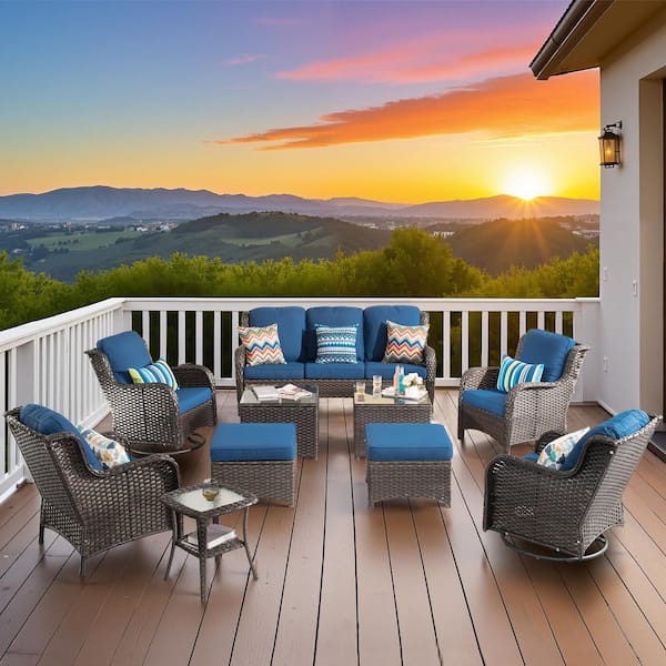 OVIOS New Kenard Brown 10-Piece Wicker Patio Conversation Set with Navy Blue Cushions and Swivel Rocking Chairs