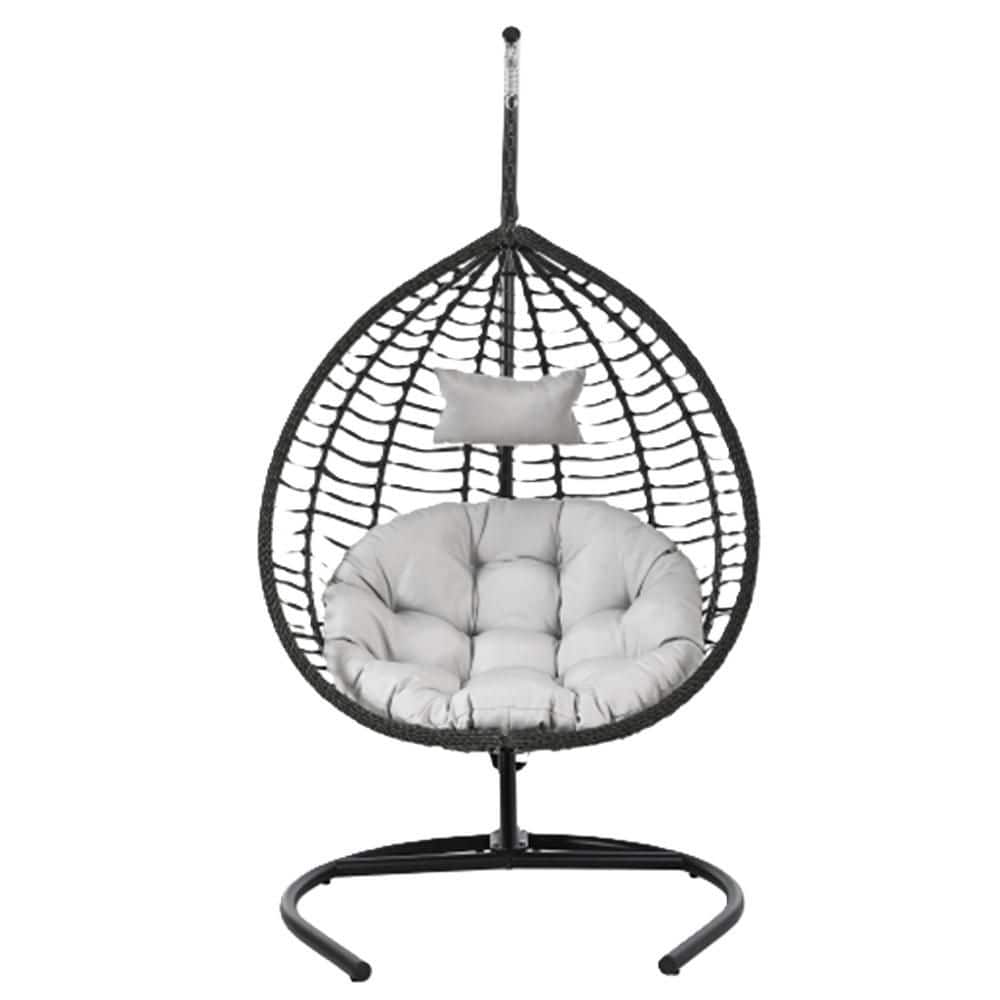 Hanging Hammock Chair with Stand Foldable Rattan Egg Swing Chair Iron Frame Soft Cushion and Headrest, Gray Cushion