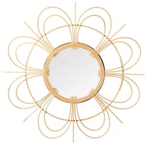 24 in. x 2 in. Flower Shape Classic Round Woven Rattan Framed Glass Natural Hanging Decorative Mirror